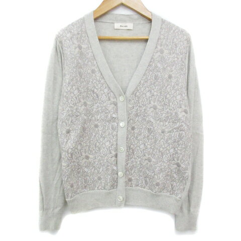 【中古】アナディス dun a dix ニットカーディガン ミドル丈 切替 刺繍 花柄 ウール混 38 杢グレー ベージュ /FF22 レディース 【ベクトル 古着】 231010