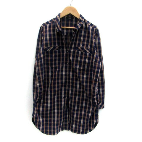 【中古】イヴィスト IVISUTO カジュアルシャツ スキッパーカラー 長袖 ロング丈 チェック柄 44 紺 ネイビー 茶色 ブラウン /HO16 レデ..