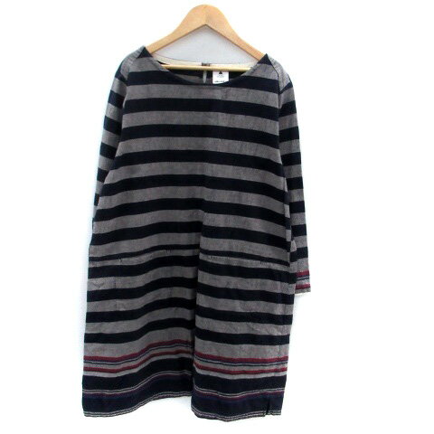 【中古】ニコアンド Niko and.. ワンピース ラウンドネック 長袖 ひざ丈 ボーダー柄 紺 ネイビー グレー /HO18 レディース 【ベクトル 古着】 230927