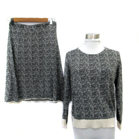 【中古】22オクトーブル 22 OCTOBRE セットアップ 上下 ニット カットソー 長袖 ラウンドネック 総柄 フレアスカート ミモレ丈 上4 下40 黒 ブラック /SM14 レディース 【ベクトル 古着】 231006