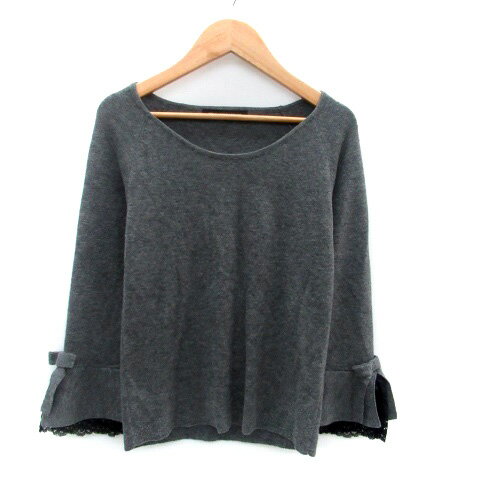 【中古】ストロベリーフィールズ STRAWBERRY-FIELDS ニット カットソー ラウンドネック 七分袖 フレアスリーブ ウール混 チャコールグレー /HO12 レディース 【ベクトル 古着】 231107