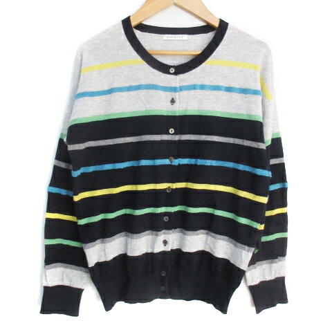 【中古】シンプルライフ SIMPLE LIFE ニットカーディガン ミドル丈 マルチボーダー柄 L 杢グレー 紺 ネイビー /FF38 レディース 【ベクトル 古着】 231114