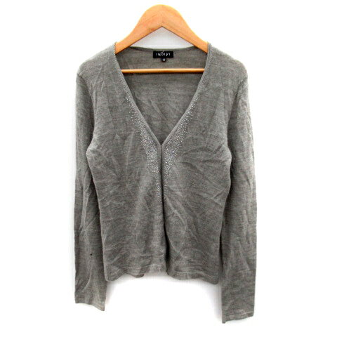 【中古】インディヴィ INDIVI カーディガン ミドル丈 Vネック ビーズ装飾 ウール混 アンゴラ混 38 グレー /SY30 レディース 【ベクトル 古着】 231117