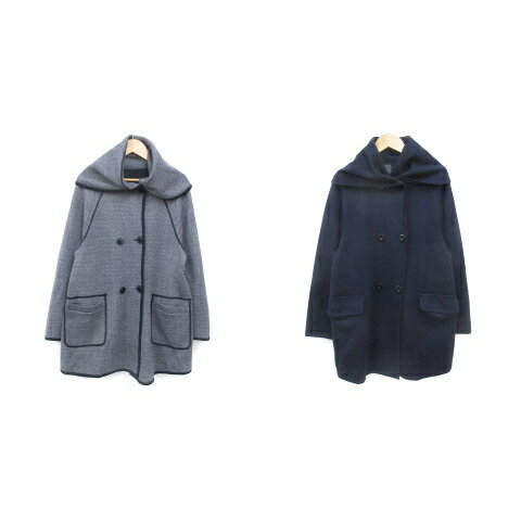 【中古】リフレクト Reflect ニットジャケット リバーシブル ロング丈 ビッグカラー ダブルボタン ヘリンボーン柄 無地 ウール混 9 紺 白 ネイビー ホワイト /FF12 レディース 【ベクトル 古着】 231219