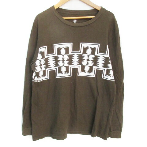 【中古】ナノユニバース nano universe Tシャツ カットソー 長袖 ラウンドネック オルテガ柄 M カーキ 白 ホワイト /FF11 メンズ 【ベクトル 古着】 231226