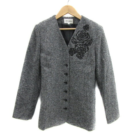 【中古】オットー OTTO collection コレクション ノーカラージャケット ミドル丈 ヘリンボーン柄 花柄刺繍 総裏地 ウール 9 黒 ブラック 白 ホワイト /YS40 レディース 【ベクトル 古着】 240119