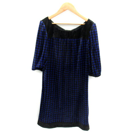 【中古】エニィスィス エニシス anySiS ワンピース ひざ丈 ラウンドネック 七分袖 千鳥格子柄 ベロア 2 青 ブルー 黒 ブラック /SY48 ■MO レディース 【ベクトル 古着】 240112