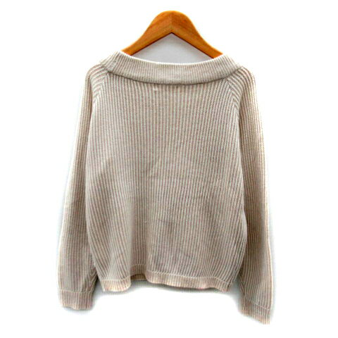 【中古】オゾック OZOC ニット カットソー 長袖 ラウンドネック ストライプ柄 38 ベージュ 白 ホワイト /SY41 レディース 【ベクトル 古着】 240123