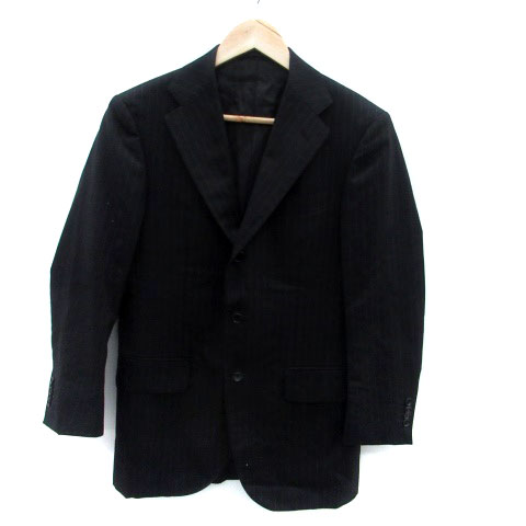 【中古】ユナイテッドアローズ UNITED ARROWS テーラードジャケット シングルボタン 総裏地 ミドル丈 ストライプ柄 ウール 42 黒 ブラック オフホワイト /HO15 メンズ 【ベクトル 古着】 240124