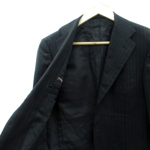 【中古】ユナイテッドアローズ UNITED ARROWS テーラードジャケット シングルボタン 総裏地 ミドル丈 ストライプ柄 ウール 42 黒 ブラック オフホワイト /HO15 メンズ 【ベクトル 古着】 240124