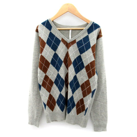【中古】アーバンリサーチ ドアーズ URBAN RESEARCH DOORS ニット カットソー 長袖 Vネック アーガイルチェック柄 マルチカラー ウール 3...