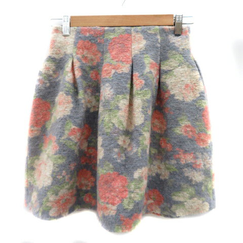 【中古】ストロベリーフィールズ STRAWBERRY-FIELDS フレアスカート ギャザースカート ミニ丈 花柄 ウール混 アルパカ混 1 マルチカラー ライトブルー /YK8 レディース 【ベクトル 古着】 240214