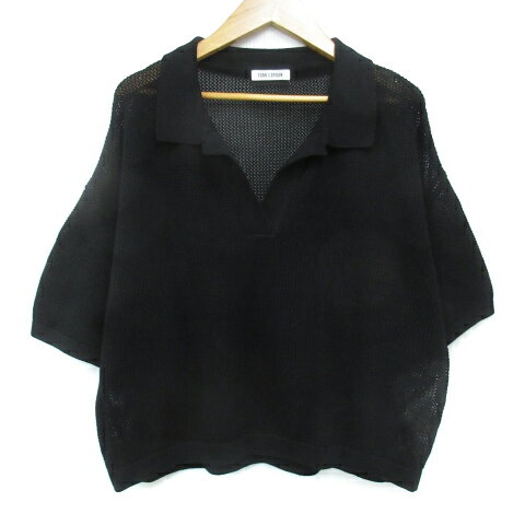 【中古】アーバンリサーチ ドアーズ URBAN RESEARCH DOORS FORK&SPOON ニット カットソー 五分袖 スキッパーカラー シースルー 無地 オーバーサイズ 1 黒 ブラック /FF32 レディース 【ベクトル 古着】 240221