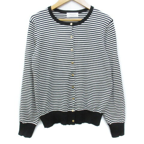 【中古】オペークドットクリップ OPAQUE.CLIP ニットカーディガン ミドル丈 ラウンドネック ボーダー柄 L 白 黒 ホワイト ブラック /FF39 レディース 【ベクトル 古着】 240304