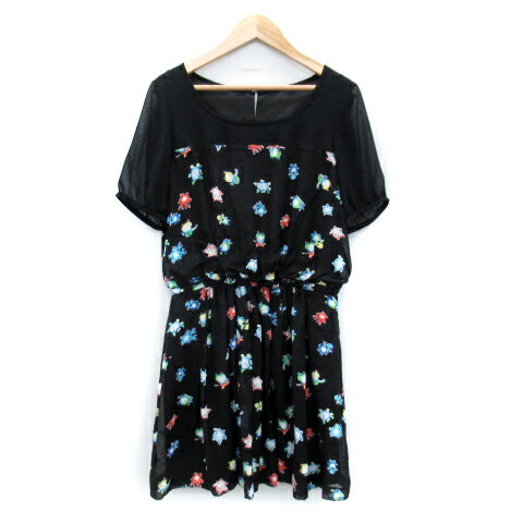 【中古】シンシアローリー CYNTHIA ROWLEY ワンピース ひざ丈 半袖 ラウンドネック 総柄 シースルー シルク 2 黒 ブラック /SY47 レディース 【ベクトル 古着】 240306