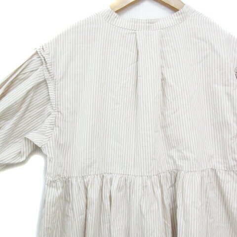 【中古】ビス ViS チュニック シャツ ブラウス フレア 五分袖 バンドカラー 切替 ストライプ柄 F 白 ベージュ ホワイト /FF19 レディース 【ベクトル 古着】 240314