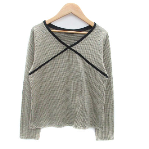 【中古】コムサイズム COMME CA ISM カットソー Vネック 長袖 千鳥格子柄 L ベージュ 黒 ブラック /HO27 ■MO レディース 【ベクトル 古着】 240329