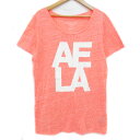 【中古】アメリカンイーグルアウトフィッターズ AMERICAN EAGLE OUTFITTERS Tシャツ カットソー ロング丈 半袖 Uネック ロゴプリント ラメ 総柄 L オレンジ 白 ホワイト /FF58 レディース 【ベクトル 古着】 240326(4)