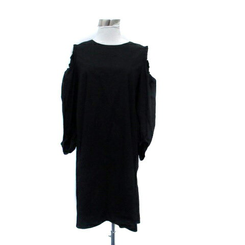 【中古】レイビームス Ray Beams ワンピース ラウンドネック 長袖 オープンショルダー フリル ひざ丈 1 黒 ブラック /HO28 レディース 【ベクトル 古着】 240401