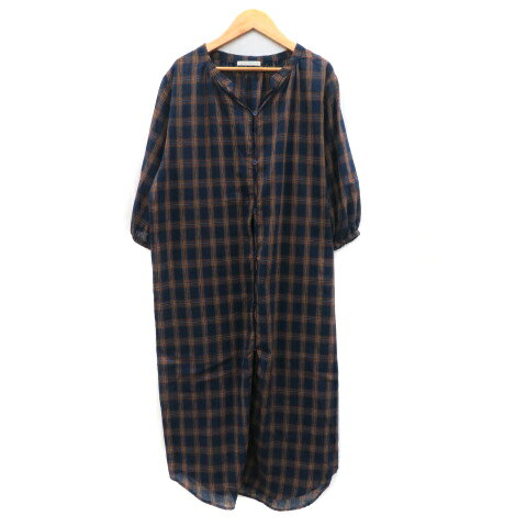 【中古】ナイスクラップ NICE CLAUP シャツワンピース ロング丈 七分袖 スリットネック チェック柄 マルチカラー 紺 ネイビー /YK34 ■MO レディース 【ベクトル 古着】 240329