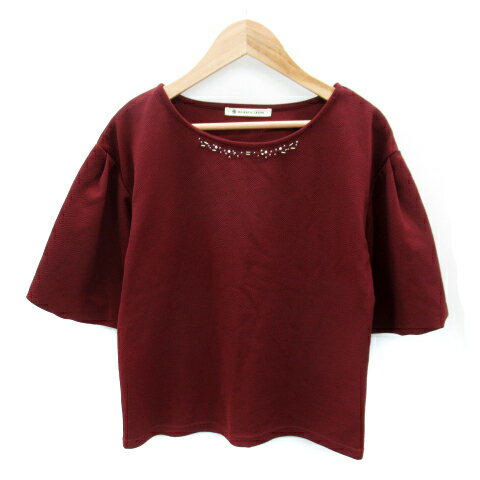 【中古】マジェスティックレゴン MAJESTIC LEGON カットソー 五分袖 ラウンドネック 無地 ビーズ装飾 M ボルドー /SY3 レディース 【ベクトル 古着】 240410