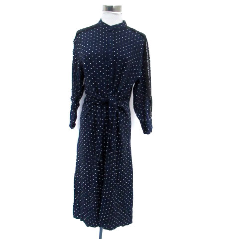 【中古】ザラ ベーシック ZARA BASIC シャツワンピース バンドカラー 長袖 レース 切替 ロング丈 ドット柄 M 紺 ネイビー オフホワイト /HO14 レディース 【ベクトル 古着】 240419