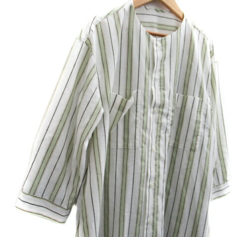 【中古】ロペピクニック ROPE Picnic シャツワンピース ロング丈 長袖 ラウンドネック ストライプ柄 麻 リネン混 36 S マルチカラー 緑 グリーン 白 ホワイト /SM45 レディース 【ベクトル 古着】 240517