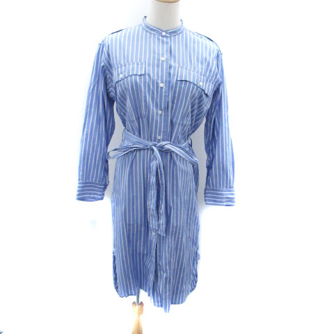【中古】ユニクロ UNIQLO JW ANDERSON シャツワンピース バンドカラー 長袖 ロング丈 ストライプ柄 リボンベルト付き M 青 ブルー オフホワイト /HO20 レディース 【ベクトル 古着】 240607