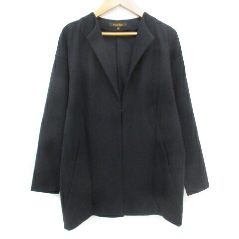 【中古】エッシュ esche ノーカラージャケット ミドル丈 大きいサイズ 42 XL 黒 ブラック /FF12 レディース 【ベクトル 古着】 240522