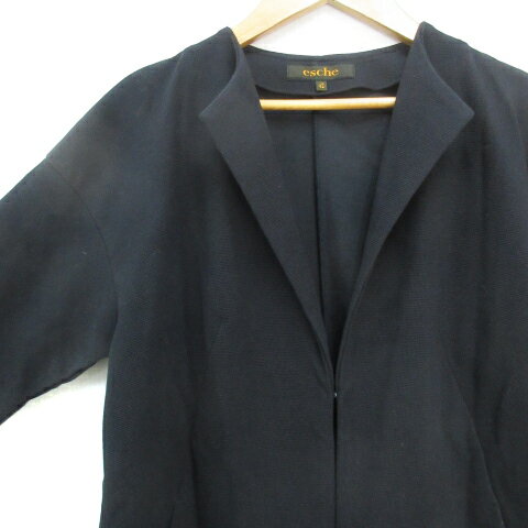 【中古】エッシュ esche ノーカラージャケット ミドル丈 大きいサイズ 42 XL 黒 ブラック /FF12 レディース 【ベクトル 古着】 240522