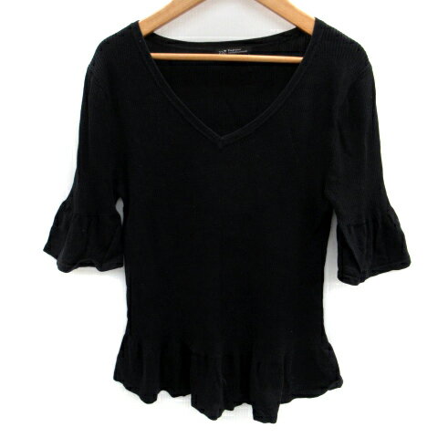 【中古】23区 オンワード樫山 ニット カットソー 五分袖 Vネック リブ フレアスリーブ ペプラム 40 L 黒 ブラック /SM36 レディース 【ベクトル 古着】 240523