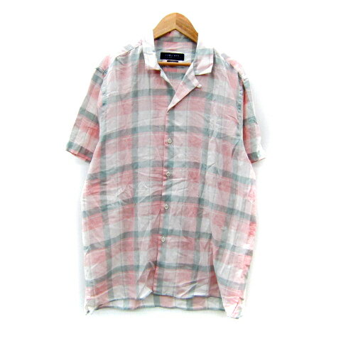 【中古】ザラマン ZARA MAN オープンカラーシャツ カジュアルシャツ 半袖 チェック柄 マルチカラー L ピンク グレー /SY22 メンズ 【ベクトル 古着】 240613