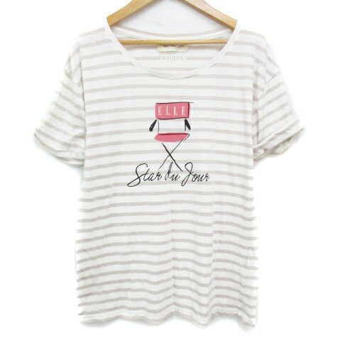 【中古】エルプラネット ELLE PLANETE Tシャツ カットソー 半袖 ラウンドネック ロールアップ ロゴプリント ボーダー柄 38 M 白 ベージュ ホワイト /FF17 レディース 【ベクトル 古着】 240702 【中古】エルプラネット ELLE PLANETE Tシャツ カットソー 半袖 ラウンドネック ロールアップ ロゴプリント ボーダー柄 38 M 白 ベージュ ホワイト /FF17 レディース 【ベクトル 古着】 240702