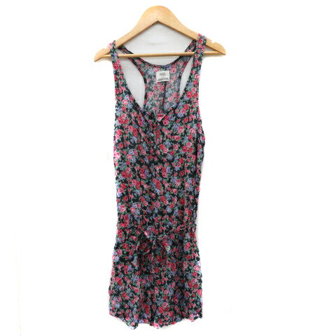 【中古】アズールバイマウジー AZUL by moussy オールイオンワン コンビネゾン ショートパンツ 短パン Uネック ウエストリボン 花柄 F マルチカラー 紺 ネイビー /YK14 レディース 【ベクトル 古着】 240701