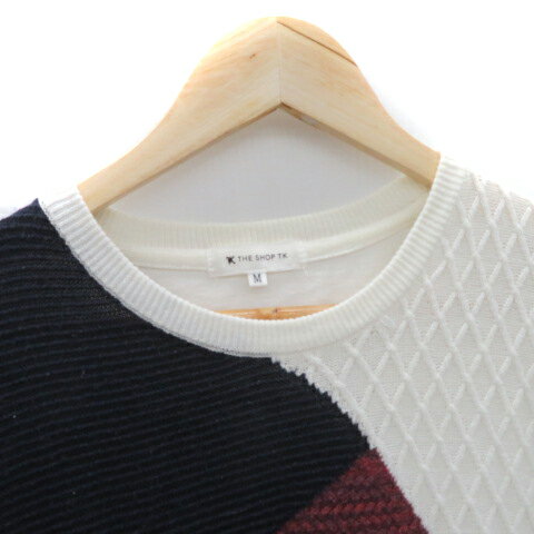 【中古】ザショップティーケー THE SHOP TK カットソー ニット 半袖 ラウンドネック 切替 M マルチカラー 白 ホワイト /YK8 メンズ 【ベクトル 古着】 240704