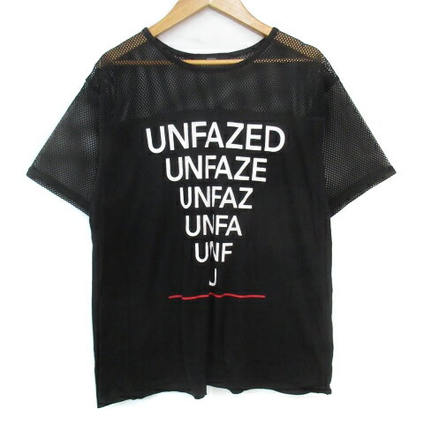 【中古】エモダ EMODA カットソー Tシャツ 半袖 ラウンドネック 切替 メッシュ シースルー ロゴプリント F 黒 白 ブラック ホワイト /FF35 レディース 【ベクトル 古着】 240820