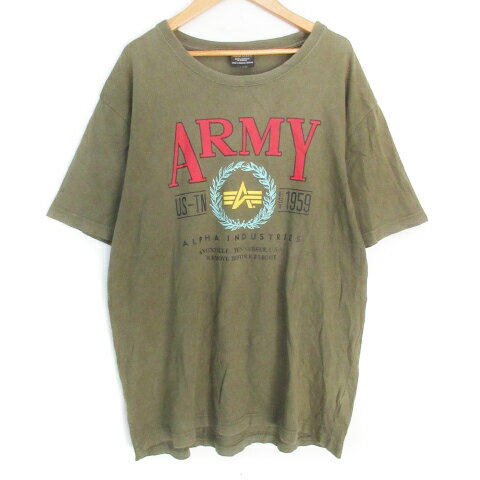 【中古】アルファ ALPHA Tシャツ カットソー 半袖 ラウンドネック ロゴプリント XL カーキ /FF5 メンズ 【ベクトル 古着】 241106