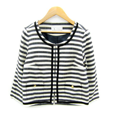 【中古】ロペピクニック ROPE Picnic ノーカラージャケット ミドル丈 ボーダー柄 36 S オフホワイト 黒 ブラック /SY29 レディース 【ベクトル 古着】 241112