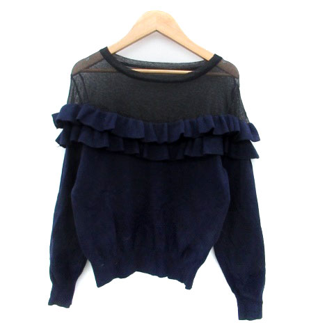 【中古】ヘザー Heather ニット カットソー ラウンドネック 長袖 切替 フリル F 紺 ネイビー 黒 ブラッ..