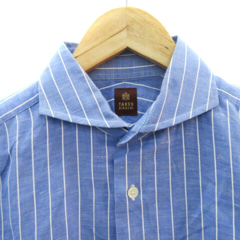 【中古】タケオキクチ TAKEO KIKUCHI カジュアルシャツ 半袖 ストライプ柄 麻 リネン 青 ブルー 白 ホワイト /YK37 メンズ 【ベクトル 古着】 250226
