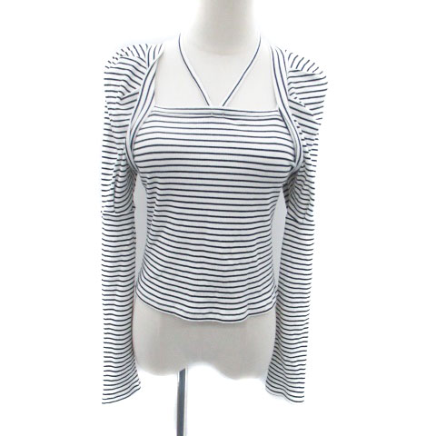 【中古】ダブルクローゼット w closet カットソー ホルターネック パフスリーブ 長袖 クロップド丈 ボーダー柄 F オフホワイト 黒 ブラック /HO15 レディース 【ベクトル 古着】 250305