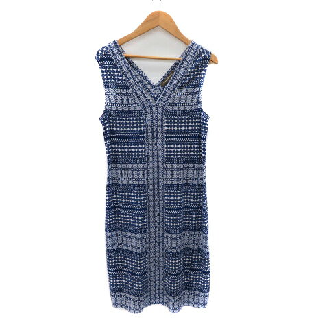 【中古】トミーバハマ Tommy Bahama ノースリーブワンピース ひざ丈 Vネック 総柄 S/P 紺 ネイビー 白 ホワイト /YK48 レディース 【ベクトル 古着】 250310