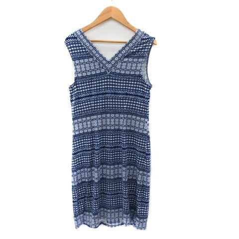 【中古】トミーバハマ Tommy Bahama ノースリーブワンピース ひざ丈 Vネック 総柄 S/P 紺 ネイビー 白 ホワイト /YK48 レディース 【ベクトル 古着】 250310