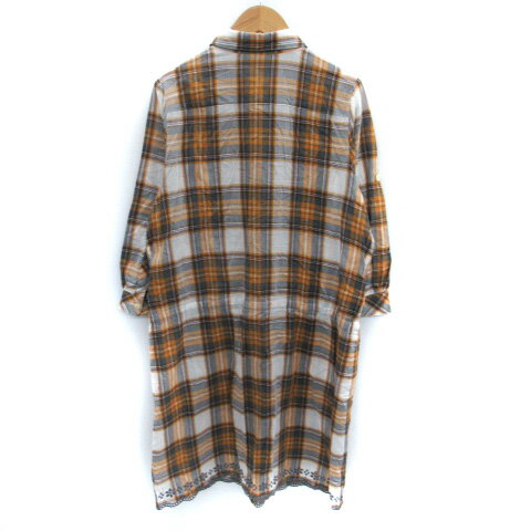【中古】クミキョク 組曲 KUMIKYOKU シャツワンピース ミモレ丈 七分袖 チェック柄 刺繍 6 XL マルチカラー オレンジ グレー /SM9 レディース 【ベクトル 古着】 250320