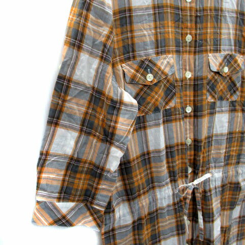 【中古】クミキョク 組曲 KUMIKYOKU シャツワンピース ミモレ丈 七分袖 チェック柄 刺繍 6 XL マルチカラー オレンジ グレー /SM9 レディース 【ベクトル 古着】 250320
