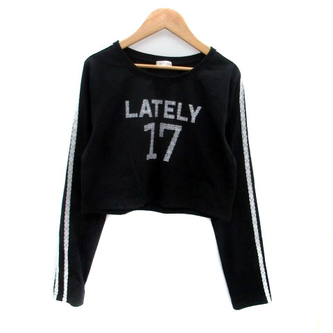 【中古】アプレジュールミニョン apres jour mignon Tシャツ カットソー ラウンドネック 長袖 プリント ライン レース 切替 LL 黒 ブラック オフホワイト /HO33 レディース 【ベクトル 古着】 250401