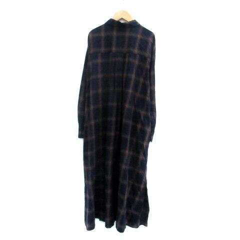 【中古】バビロン BABYLONE シャツワンピース 長袖 ロング丈 チェック柄 38 M 紺 ネイビー 茶色 ブラウン /HO2 レディース 【ベクトル 古着】 250415