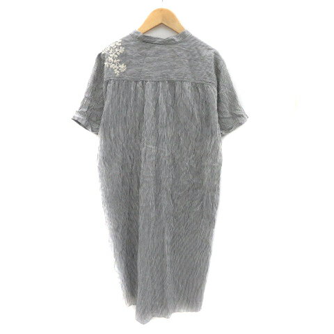 【中古】クラウドナイン cloudnine シャツワンピース ミモレ丈 半袖 バンドカラー 刺? ストライプ柄 M〜L グレー /YK44 レディース 【ベクトル 古着】 250415