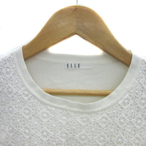 【中古】エル ELLE ニット カットソー 半袖 ラウンドネック 総柄 レース 38 M 白 ホワイト /YS31 レディース 【ベクトル 古着】 250418