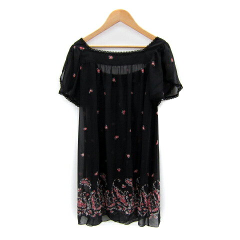 【中古】レストローズ L'EST ROSE ワンピース ひざ丈 半袖 スクエアネック 花柄 レース シースルー 2 黒 ブラック /SY50 レディース 【ベクトル 古着】 250422
